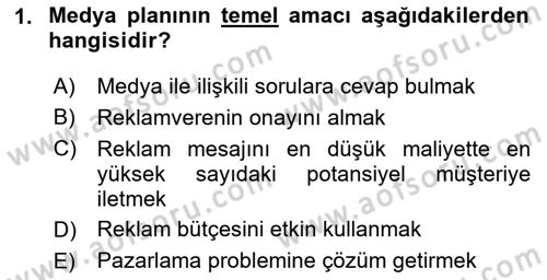 Medya Planlama Dersi 2025 - 2026 Yılı (Vize) Ara Sınav Soruları 1. Soru