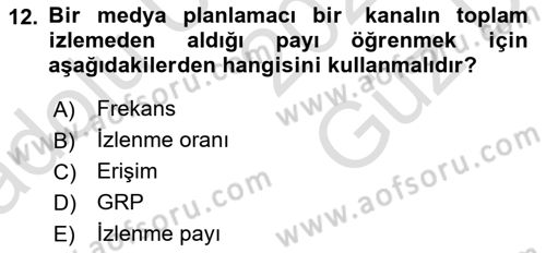 Medya Planlama Dersi 2025 - 2026 Yılı (Vize) Ara Sınav Soruları 12. Soru