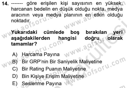 Medya Planlama Dersi 2025 - 2026 Yılı (Vize) Ara Sınav Soruları 14. Soru
