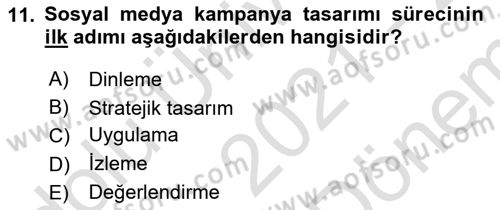 Marka İletişim Kampanyaları Dersi 2021 - 2022 Yılı (Final) Dönem Sonu Sınav Soruları 11. Soru