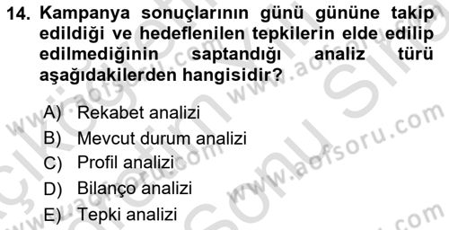 Marka İletişim Kampanyaları Dersi 2021 - 2022 Yılı (Final) Dönem Sonu Sınav Soruları 14. Soru