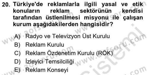 Marka İletişim Kampanyaları Dersi 2021 - 2022 Yılı (Final) Dönem Sonu Sınav Soruları 20. Soru