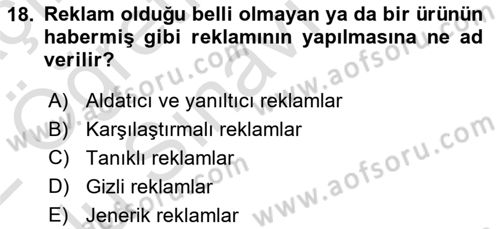 Marka İletişim Kampanyaları Dersi 2021 - 2022 Yılı Yaz Okulu Sınav Soruları 18. Soru