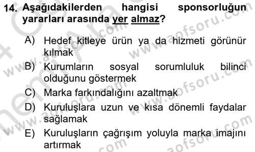 Marka İletişim Kampanyaları Dersi 2023 - 2024 Yılı (Vize) Ara Sınav Soruları 14. Soru