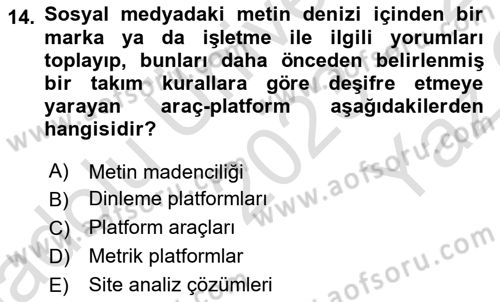 Marka İletişim Kampanyaları Dersi 2023 - 2024 Yılı Yaz Okulu Sınav Soruları 14. Soru