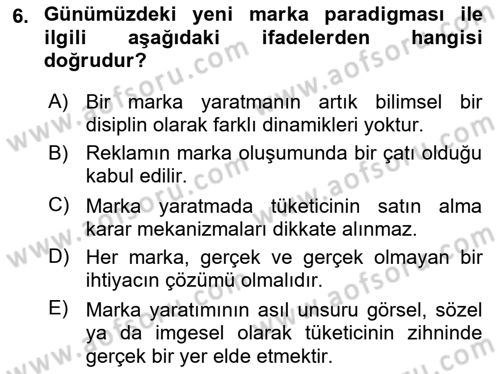 Marka İletişimi Tasarımı ve Uygulamaları Dersi 2017 - 2018 Yılı (Vize) Ara Sınav Soruları 6. Soru