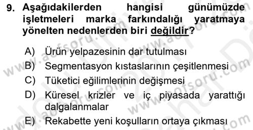 Marka İletişimi Tasarımı ve Uygulamaları Dersi 2017 - 2018 Yılı (Vize) Ara Sınav Soruları 9. Soru