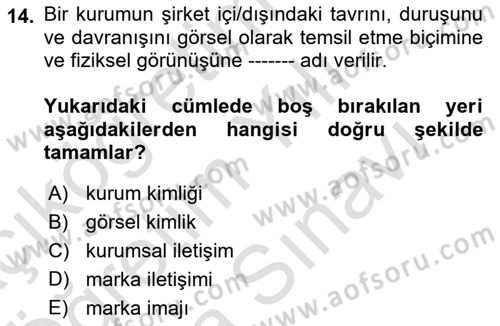 Marka İletişimi Tasarımı ve Uygulamaları Dersi 2021 - 2022 Yılı (Vize) Ara Sınav Soruları 14. Soru