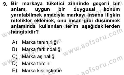 Marka İletişimi Tasarımı ve Uygulamaları Dersi 2022 - 2023 Yılı Yaz Okulu Sınav Soruları 9. Soru