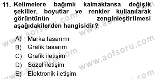 Marka İletişimi Tasarımı ve Uygulamaları Dersi 2023 - 2024 Yılı (Vize) Ara Sınav Soruları 11. Soru