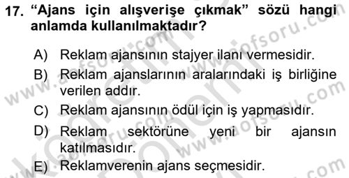 Reklamda Yaratıcılık ve Yazarlık Dersi 2015 - 2016 Yılı (Final) Dönem Sonu Sınav Soruları 17. Soru
