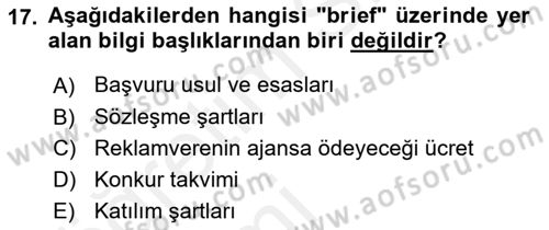 Reklamda Yaratıcılık ve Yazarlık Dersi 2015 - 2016 Yılı Tek Ders Sınav Soruları 17. Soru
