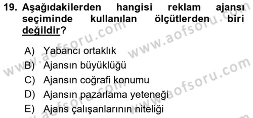 Reklamda Yaratıcılık ve Yazarlık Dersi 2016 - 2017 Yılı (Final) Dönem Sonu Sınav Soruları 19. Soru