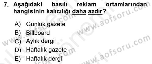 Reklamda Yaratıcılık ve Yazarlık Dersi 2017 - 2018 Yılı (Final) Dönem Sonu Sınav Soruları 7. Soru