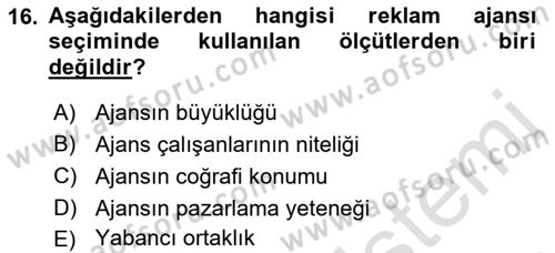 Reklamda Yaratıcılık ve Yazarlık Dersi 2018 - 2019 Yılı 3 Ders Sınav Soruları 16. Soru