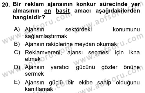 Reklamda Yaratıcılık ve Yazarlık Dersi 2020 - 2021 Yılı Yaz Okulu Sınav Soruları 20. Soru
