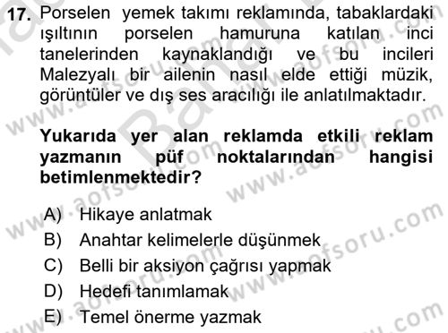 Reklamda Yaratıcılık ve Yazarlık Dersi 2021 - 2022 Yılı (Final) Dönem Sonu Sınav Soruları 17. Soru