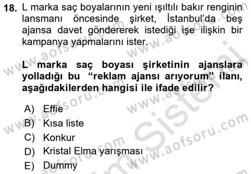Reklamda Yaratıcılık ve Yazarlık Dersi 2021 - 2022 Yılı (Final) Dönem Sonu Sınav Soruları 18. Soru