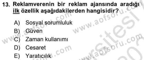 Reklamda Yaratıcılık ve Yazarlık Dersi 2022 - 2023 Yılı Yaz Okulu Sınav Soruları 13. Soru