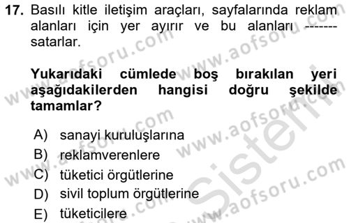 Reklamda Yaratıcılık ve Yazarlık Dersi 2023 - 2024 Yılı (Final) Dönem Sonu Sınav Soruları 17. Soru