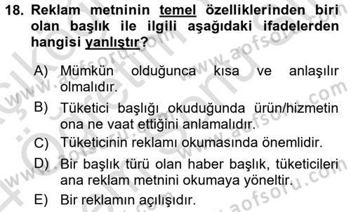 Reklamda Yaratıcılık ve Yazarlık Dersi 2023 - 2024 Yılı (Final) Dönem Sonu Sınav Soruları 18. Soru