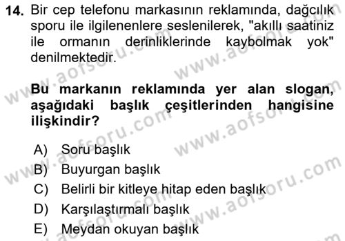 Reklamda Yaratıcılık ve Yazarlık Dersi 2023 - 2024 Yılı Yaz Okulu Sınav Soruları 14. Soru