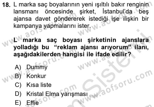 Reklamda Yaratıcılık ve Yazarlık Dersi 2023 - 2024 Yılı Yaz Okulu Sınav Soruları 18. Soru