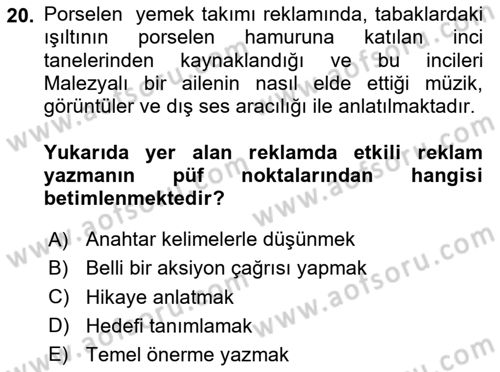 Reklamda Yaratıcılık ve Yazarlık Dersi 2023 - 2024 Yılı Yaz Okulu Sınav Soruları 20. Soru
