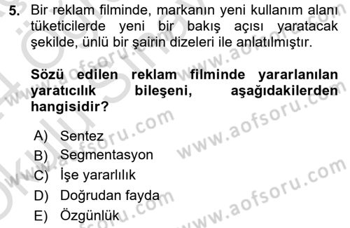 Reklamda Yaratıcılık ve Yazarlık Dersi 2023 - 2024 Yılı Yaz Okulu Sınav Soruları 5. Soru