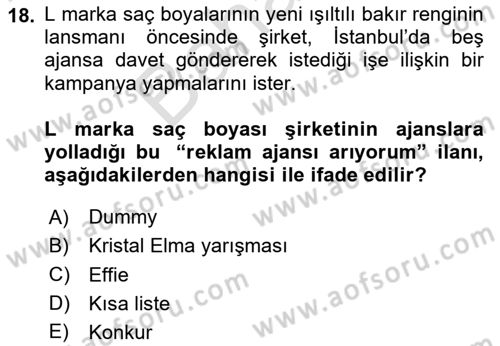 Reklamda Yaratıcılık ve Yazarlık Dersi 2025 - 2026 Yılı (Final) Dönem Sonu Sınav Soruları 18. Soru