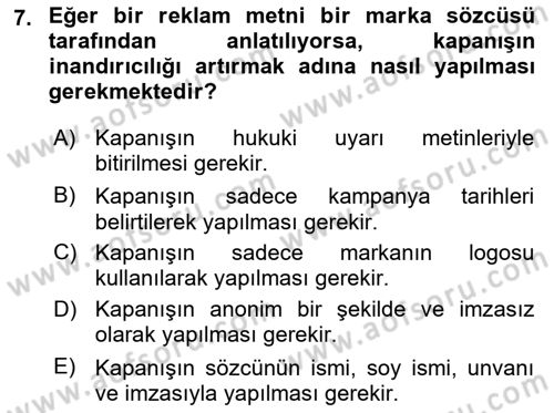 Reklamda Yaratıcılık ve Yazarlık Dersi 2025 - 2026 Yılı (Final) Dönem Sonu Sınav Soruları 7. Soru