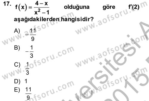Genel Matematik Dersi 2014 - 2015 Yılı (Final) Dönem Sonu Sınav Soruları 17. Soru