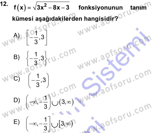 Genel Matematik Dersi Ara Sınavı Deneme Sınav Soruları 12. Soru