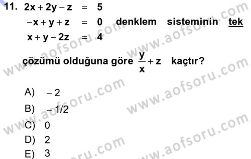 Genel Matematik Dersi 2015 - 2016 Yılı (Final) Dönem Sonu Sınav Soruları 11. Soru