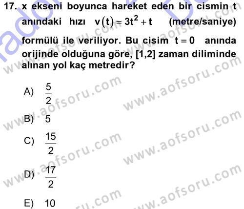 Genel Matematik Dersi 2015 - 2016 Yılı (Final) Dönem Sonu Sınav Soruları 17. Soru