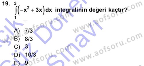 Genel Matematik Dersi 2015 - 2016 Yılı (Final) Dönem Sonu Sınav Soruları 19. Soru