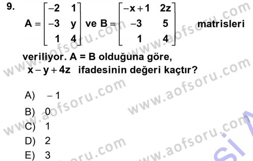 Genel Matematik Dersi 2015 - 2016 Yılı (Final) Dönem Sonu Sınav Soruları 9. Soru
