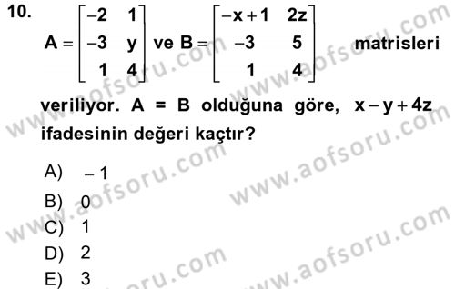 Genel Matematik Dersi 2015 - 2016 Yılı Tek Ders Sınav Soruları 10. Soru
