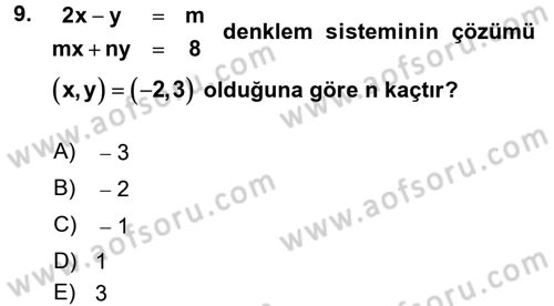 Genel Matematik Dersi 2015 - 2016 Yılı Tek Ders Sınav Soruları 9. Soru