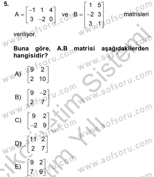 Genel Matematik Dersi 2016 - 2017 Yılı 3 Ders Sınav Soruları 5. Soru