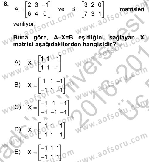 Genel Matematik Dersi 2016 - 2017 Yılı 3 Ders Sınav Soruları 8. Soru