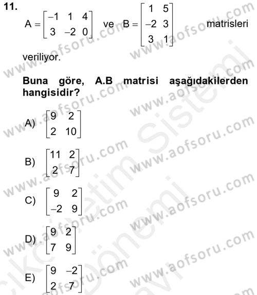 Genel Matematik Dersi 2016 - 2017 Yılı (Final) Dönem Sonu Sınav Soruları 11. Soru