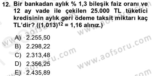 Genel Matematik Dersi 2016 - 2017 Yılı (Final) Dönem Sonu Sınav Soruları 12. Soru