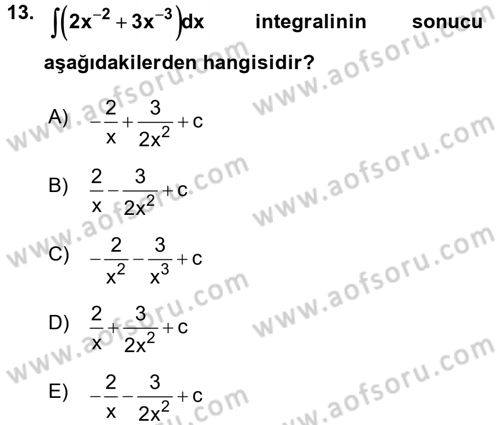 Genel Matematik Dersi 2016 - 2017 Yılı (Final) Dönem Sonu Sınav Soruları 13. Soru
