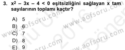Genel Matematik Dersi 2016 - 2017 Yılı (Final) Dönem Sonu Sınav Soruları 3. Soru