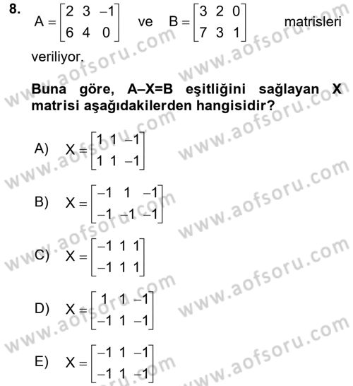 Genel Matematik Dersi 2016 - 2017 Yılı (Final) Dönem Sonu Sınav Soruları 8. Soru