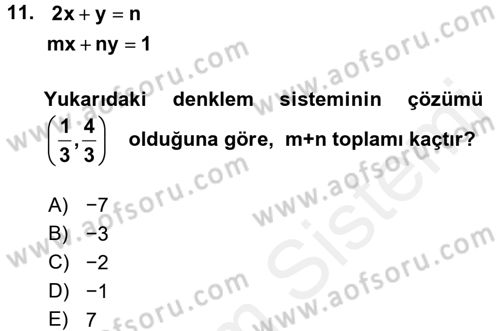 Genel Matematik Dersi 2017 - 2018 Yılı 3 Ders Sınav Soruları 11. Soru