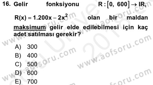 Genel Matematik Dersi 2017 - 2018 Yılı 3 Ders Sınav Soruları 16. Soru
