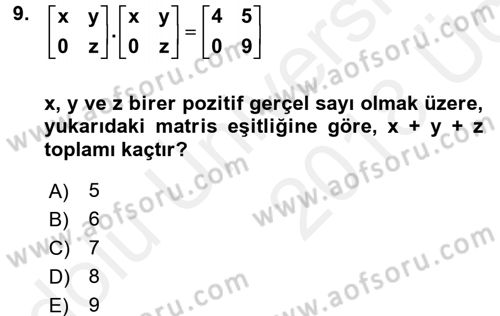 Genel Matematik Dersi 2017 - 2018 Yılı 3 Ders Sınav Soruları 9. Soru