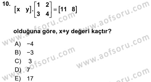 Genel Matematik Dersi 2017 - 2018 Yılı (Final) Dönem Sonu Sınav Soruları 10. Soru
